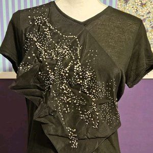 Balenciaga Ts Black Scoop Neck T-Shirt w/Draped Silk Jeweled Front Sz 42 NEW